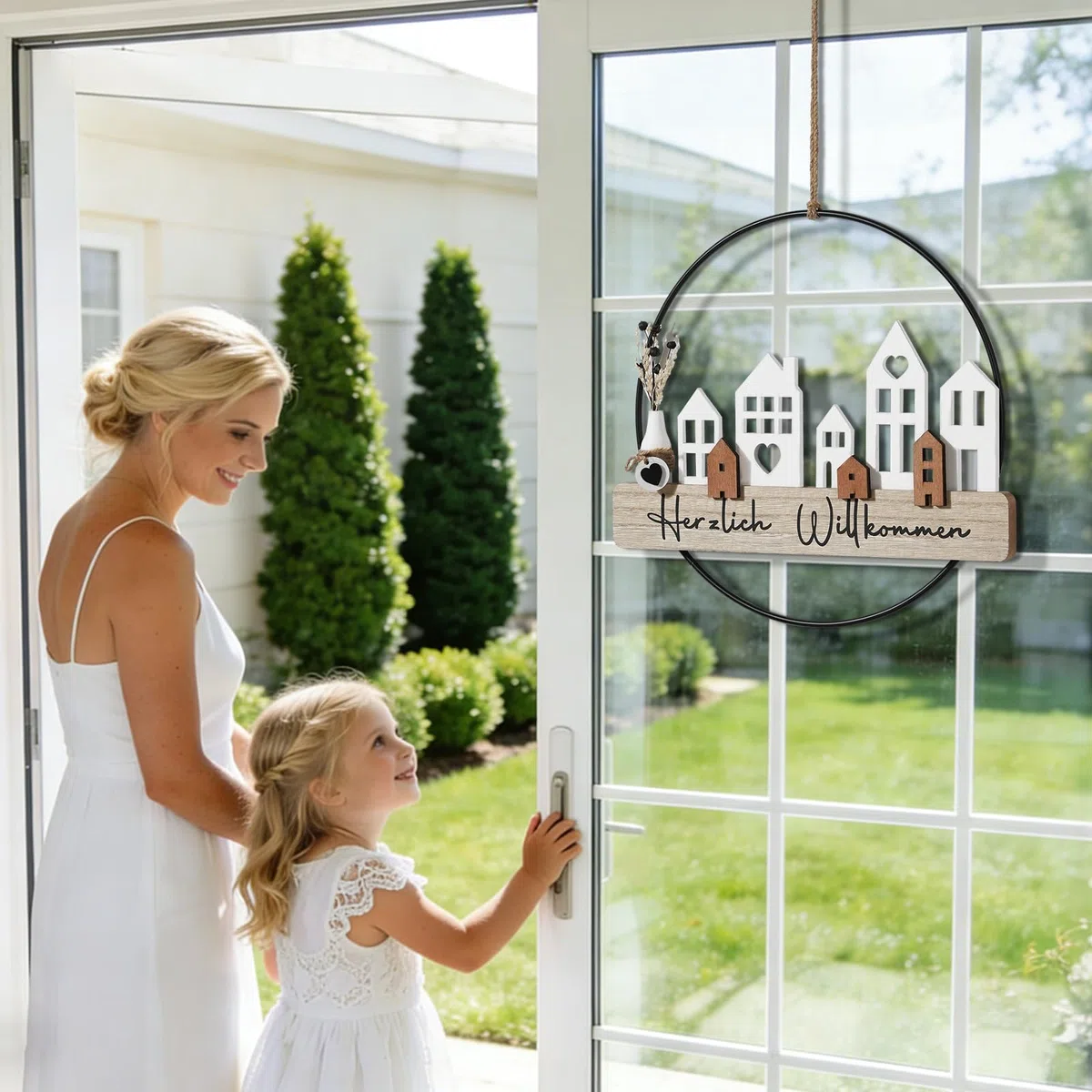 Willkommen Türkranz Trockenblumenkranz - Türkranz Herzlich Trockenblumen Fensterdeko Hängedeko personalisiert Dekokranz mit Willkommensschild Trockenblumen und Haus ø28cm Wandschmuck