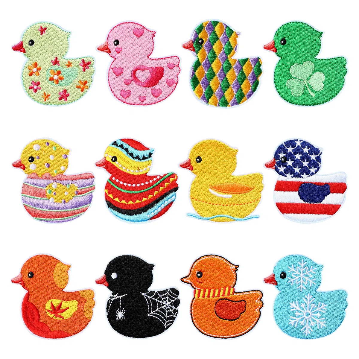 Set mit 12 Mini-Enten, saisonale Aufnäher zum Aufbügeln für Kleidung, niedliches Tier, bestickte Applikation, dekorative Stickerei, Reparatur, DIY, Bastelzubehör, Geschenke für Sommer, Herbst,