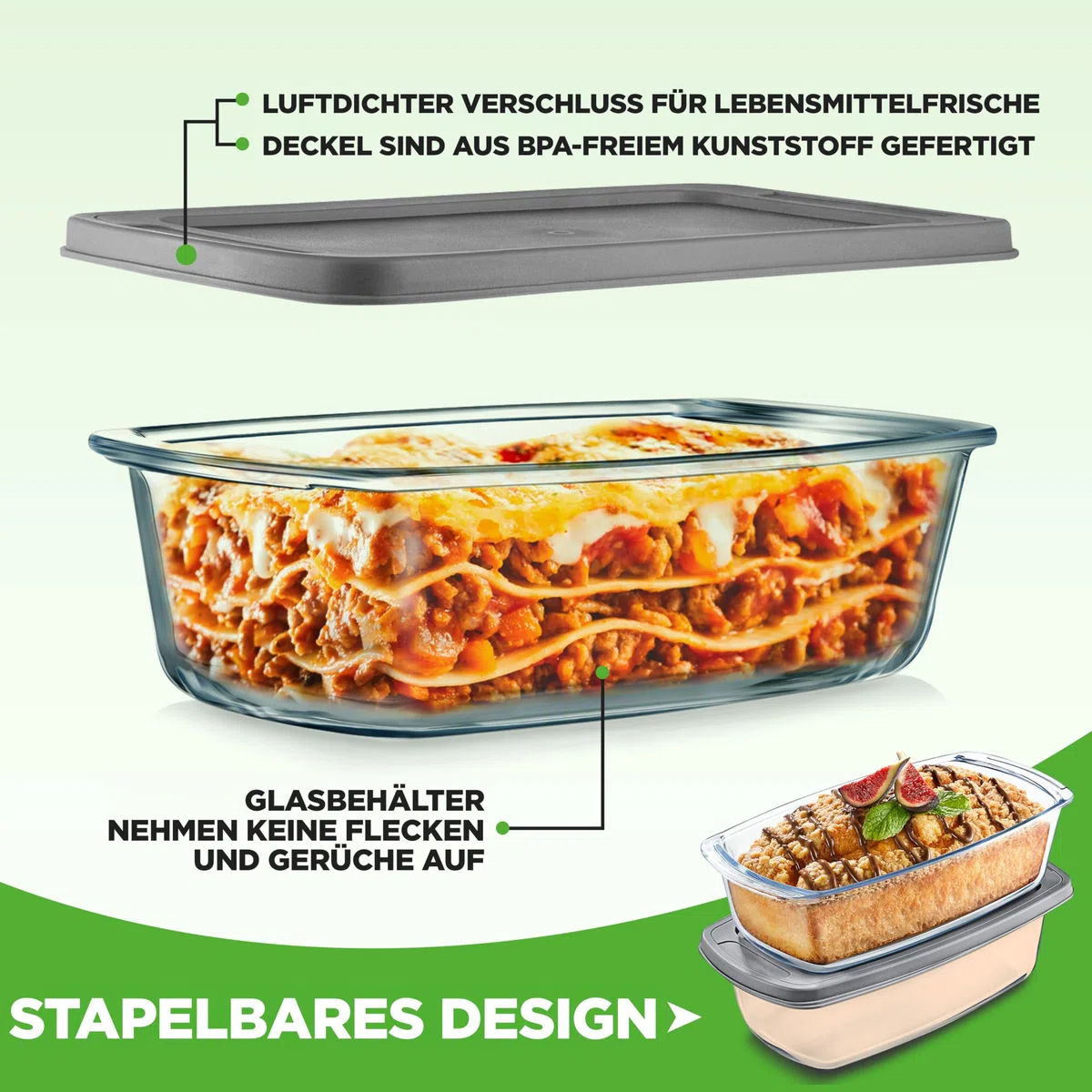 NutriChef Glas Brotbackform Mit Deckel 2er Set 1,8 L – Borosilikat Kastenform Luftdicht Stapelbar Für Backen, Aufbewahren und Meal Prep, Farblos