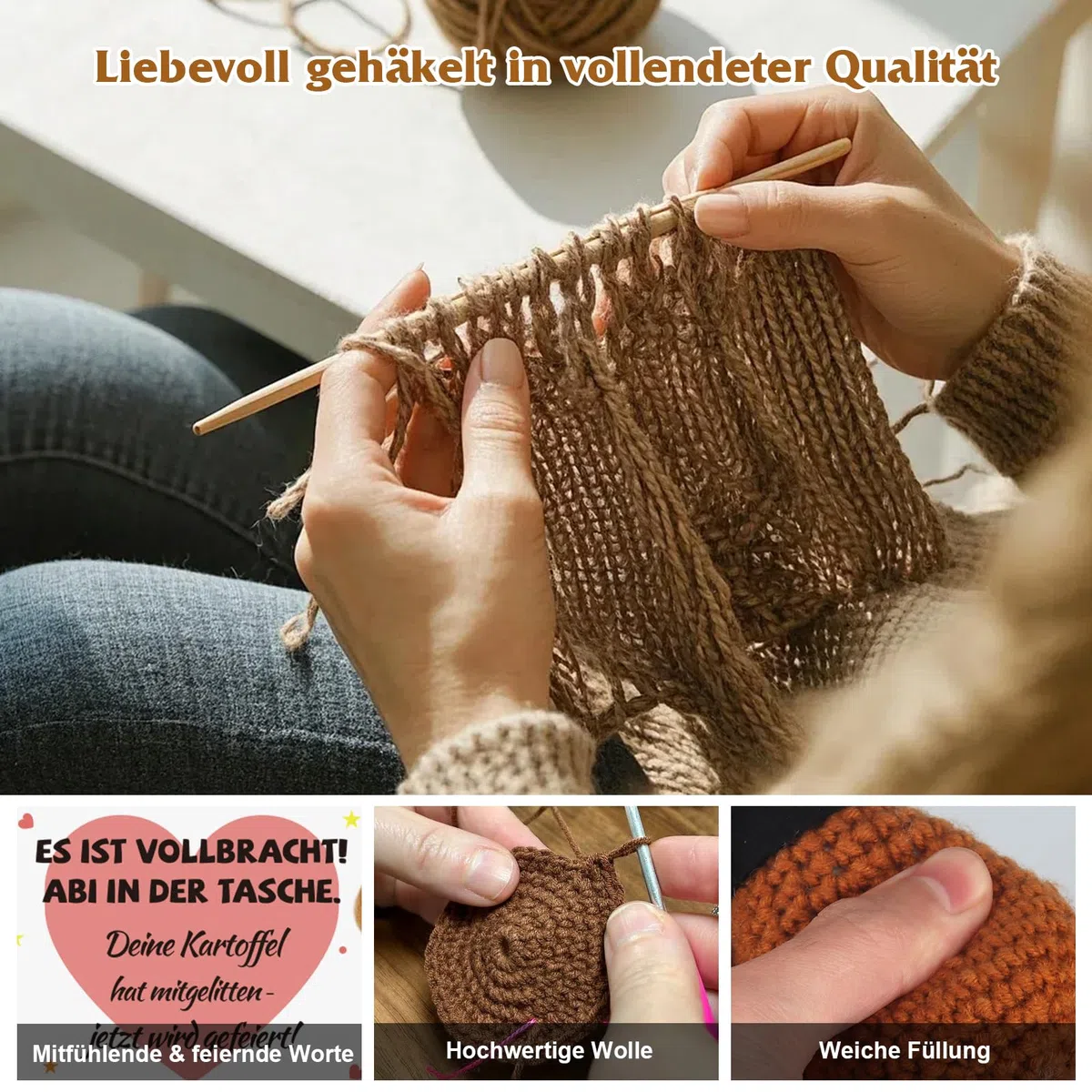Abitur Geschenke 2026 - Positive Kartoffel, Pocket Hug Strickwolle Glückskartoffel mit ABI Glücksbringer Prüfung & Grußkarte, Abitur 2026 Geschenke für Mitschüler und Freunde