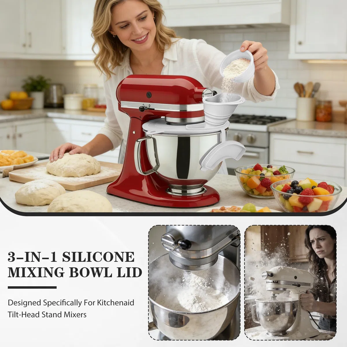 Mixer Mehl Trichter Spritzschutz Kompatibel mit KitchenAid 3-in-1 Standmixer Zubehör mit faltbarem Messbecher Großer Mehl-Trichter für Kitchen Aid Mixer