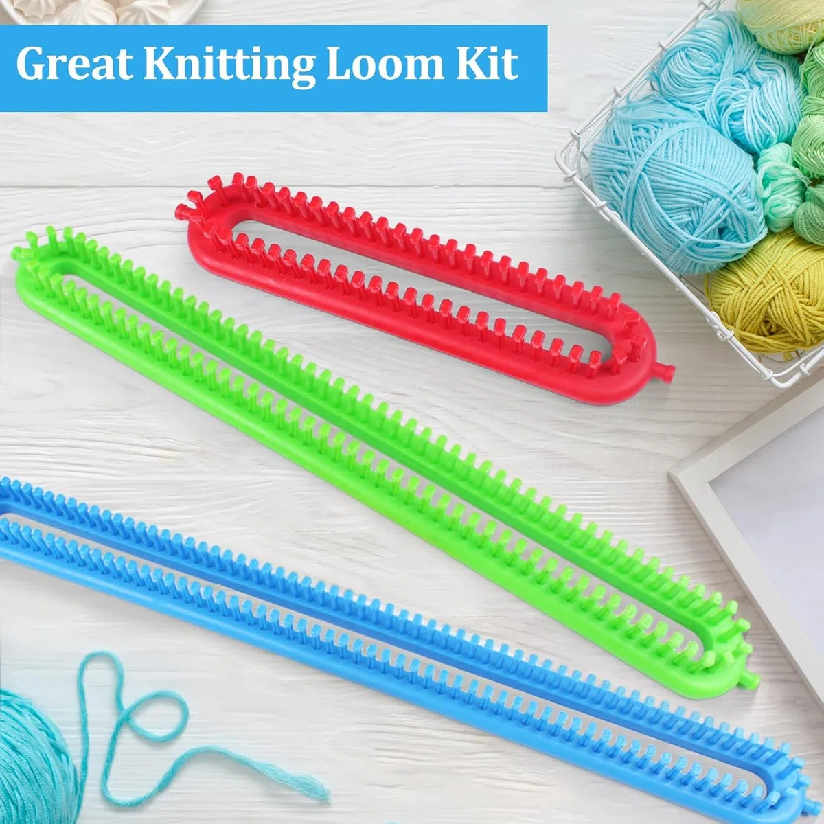 Rechteckiges Strickmaschinen-Set, Schal-Strickmaschine, verschiedene Größen, buntes Kunststoff-Strickmaschinen-Set, DIY-Garn-Strickset mit Häkelnadeln und Nadeln (58 cm)