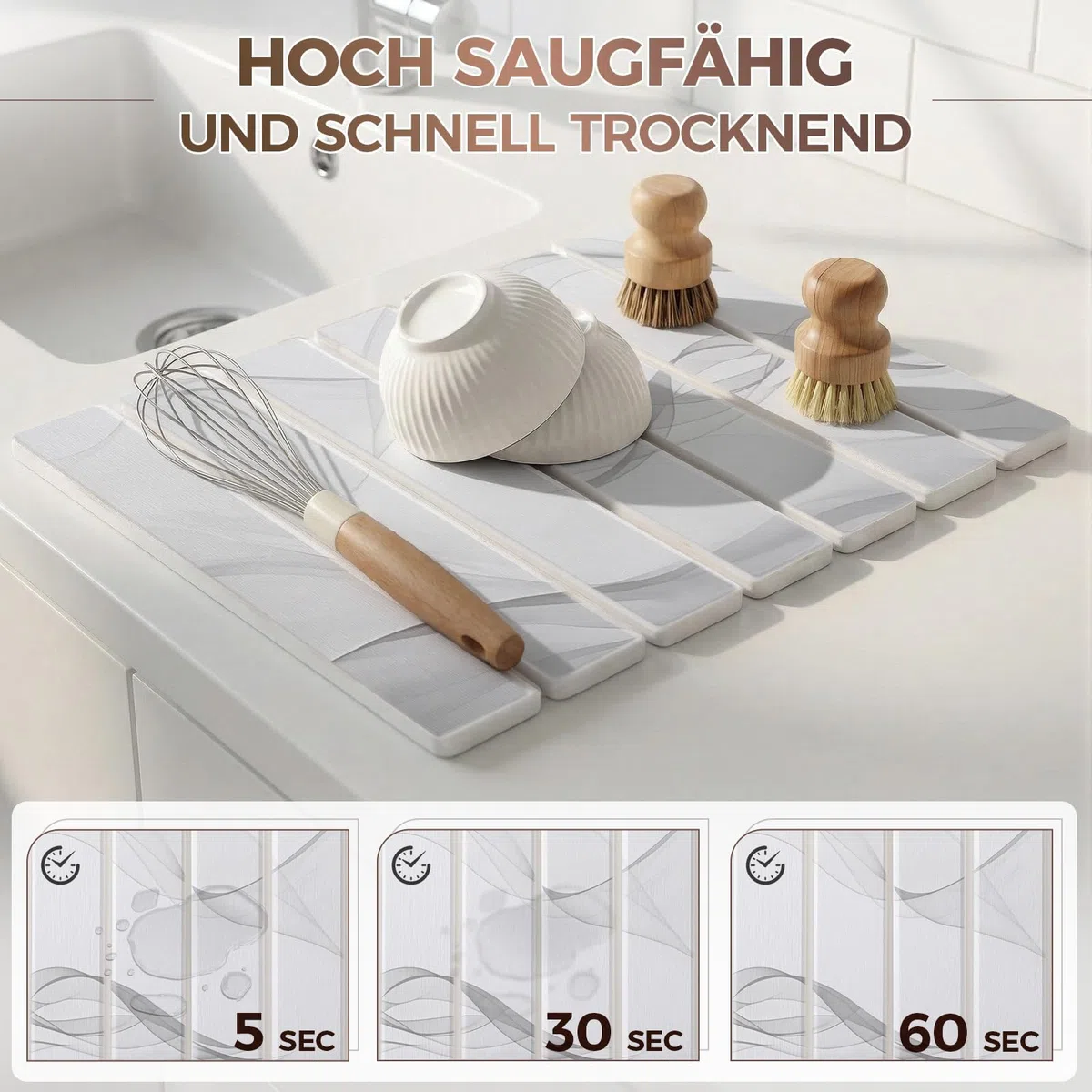 Abtropfmatte Geschirr 40 x 30 cm, Abtropfmatte Stein aus Kieselgur, Steinmatte Küche, Wasserabsorbierende Schnelltrocknende (Wellenmuster mit Seifenablage)