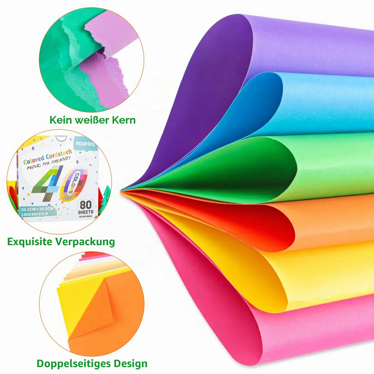 80 Blatt Farbiger Karton – 40 Farben 30x30 cm (12x12 inch) Bastelkarton Scrapbooking-Papier 180 g/m² in verschiedenen Farben für DIY-Projekte und Bastelbedarf PAP18MX1