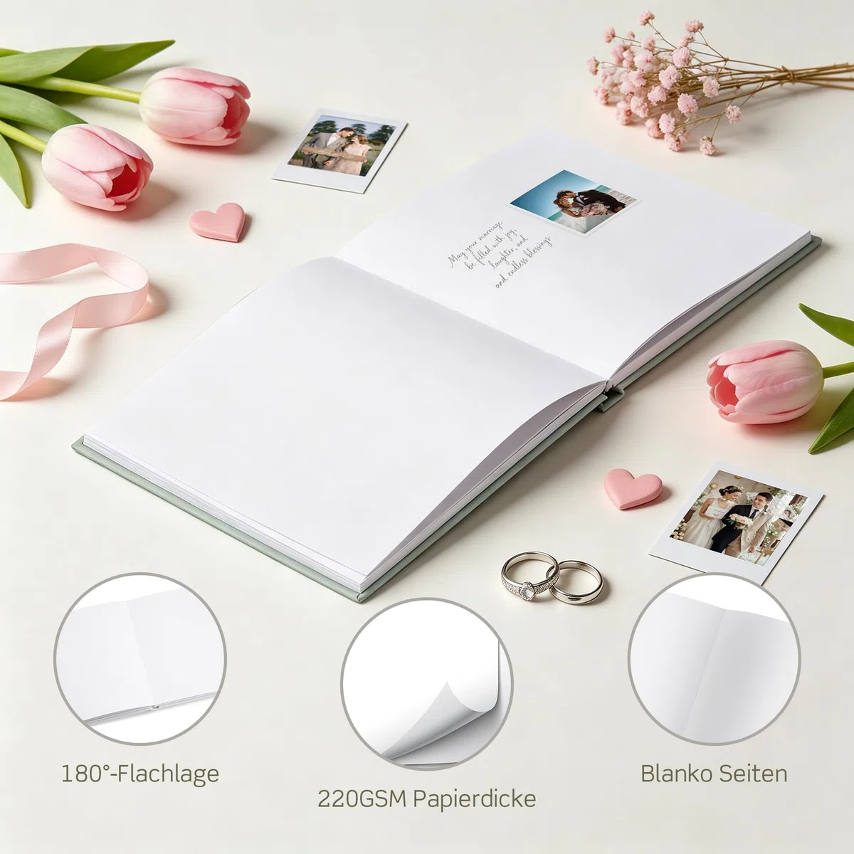 Gästebuch Hochzeit mit 2 Seiten Feststehenden Fotoaufklebern,Hochwertiges Hochzeitsbuch,Hardcover mit Goldprägung,Größe 21x23cm,Hochwertiges Gästebuch,120 Seiten Blanko,6 Seiten Hochzeitssticker,Grün