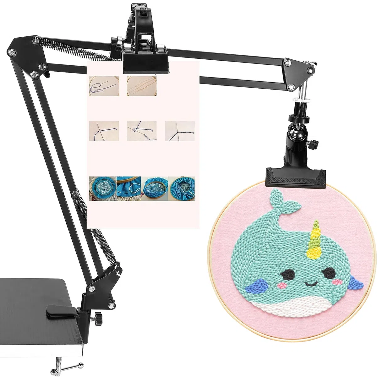 WDEC Sticktischständer Set Loch Handstickständer, Anleitungsfolder, Embroidery Table Stand Kit Hand Embroidery Stand Folding Cross Stitch, Stand Clamp Hand Embroidery Hoop Holder