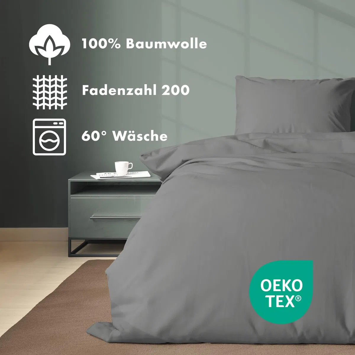 JACOBSON Bettwäsche 135x200 Set - 100% Baumwolle Bettbezug 135x200 cm + 1 Kissenbezug 80x80 cm, Perkal Bettwäsche 2-teilig mit Reißverschluss (135x200cm, Anthrazit, 2-teilig)