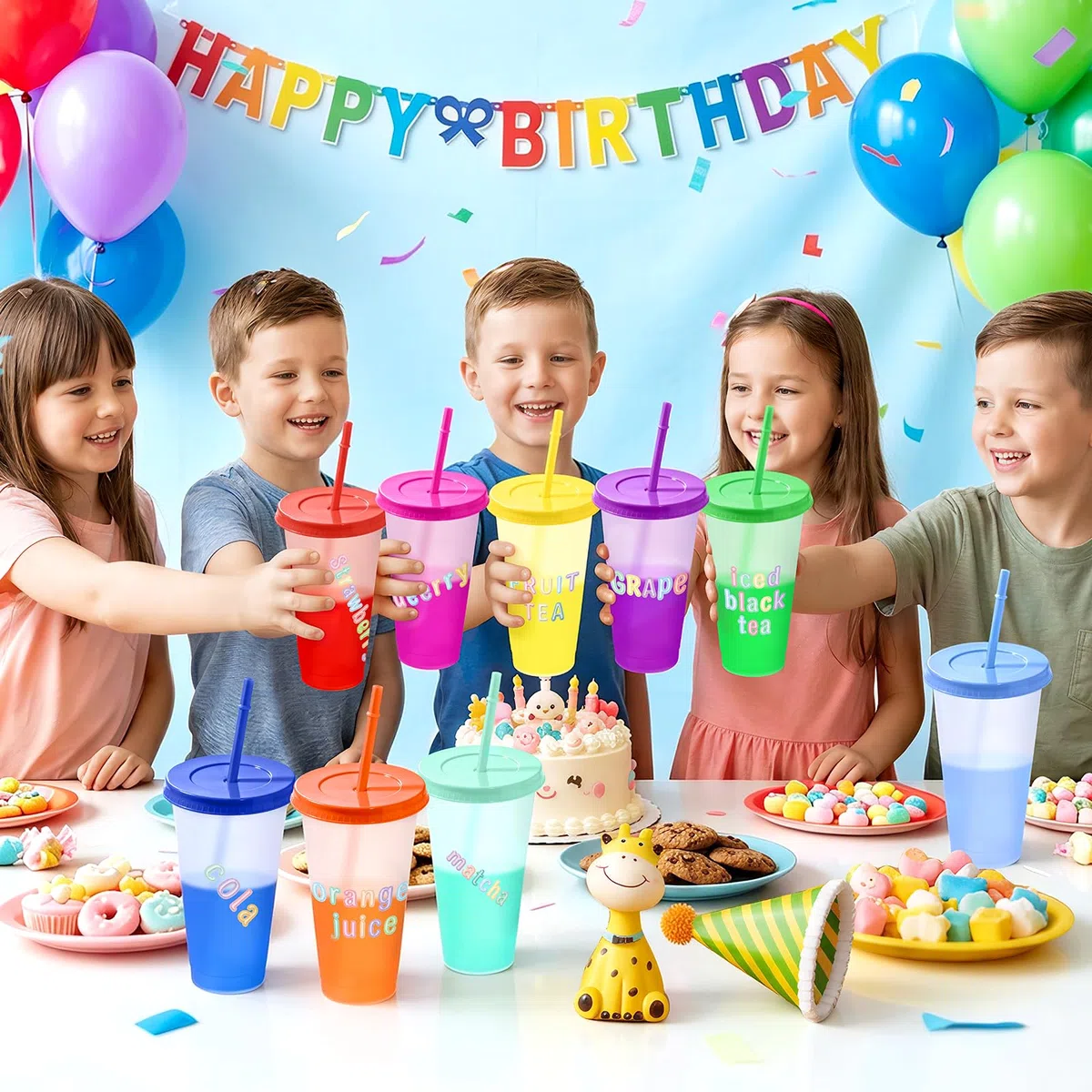 12 Stück Trinkbecher mit Deckel und Strohhalm Kinder Erwachsene 24OZ 710ML Farbwechsel Becher mit Deckel und Strohhalm Plastikbecher Kunststoffbecher Wiederverwendbare für Party Geburtstag Festival