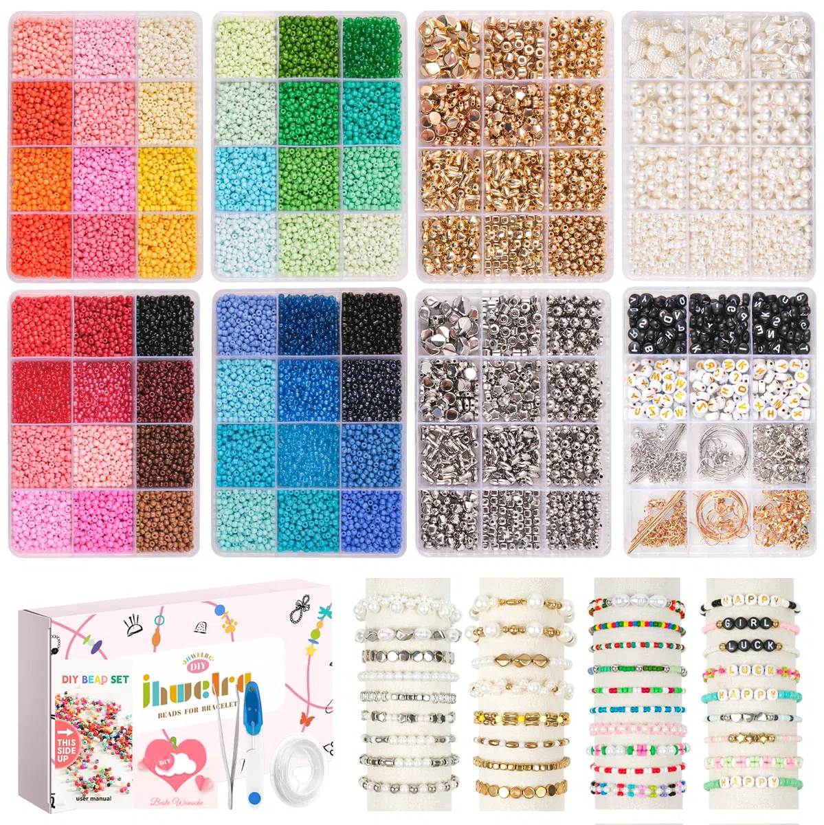 45000 Stück 3mm Perlen für armbänder 8-teiliges Boxset,96 Typ Schmuckherstellung Set mit Buchstabenperlen,für Schmuck Freundschaftsarmbänder & DIY Basteln, Armband, Halsketten, Geburtstag，