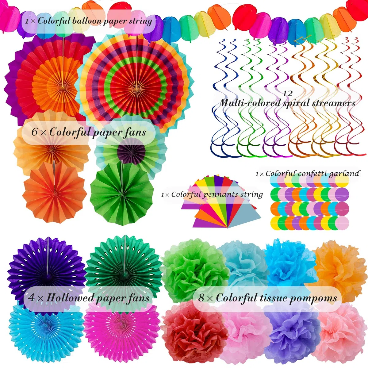 Huryfox Bunte Party Deko für Gartenpartys, Geburtstage und Karneval - 33 Stück mit hängenden Papier Lüfter, Regenbogen Pompons, Tissue Bänder und Wimpelketten Girlande für Feste, Hochzeiten & mehr