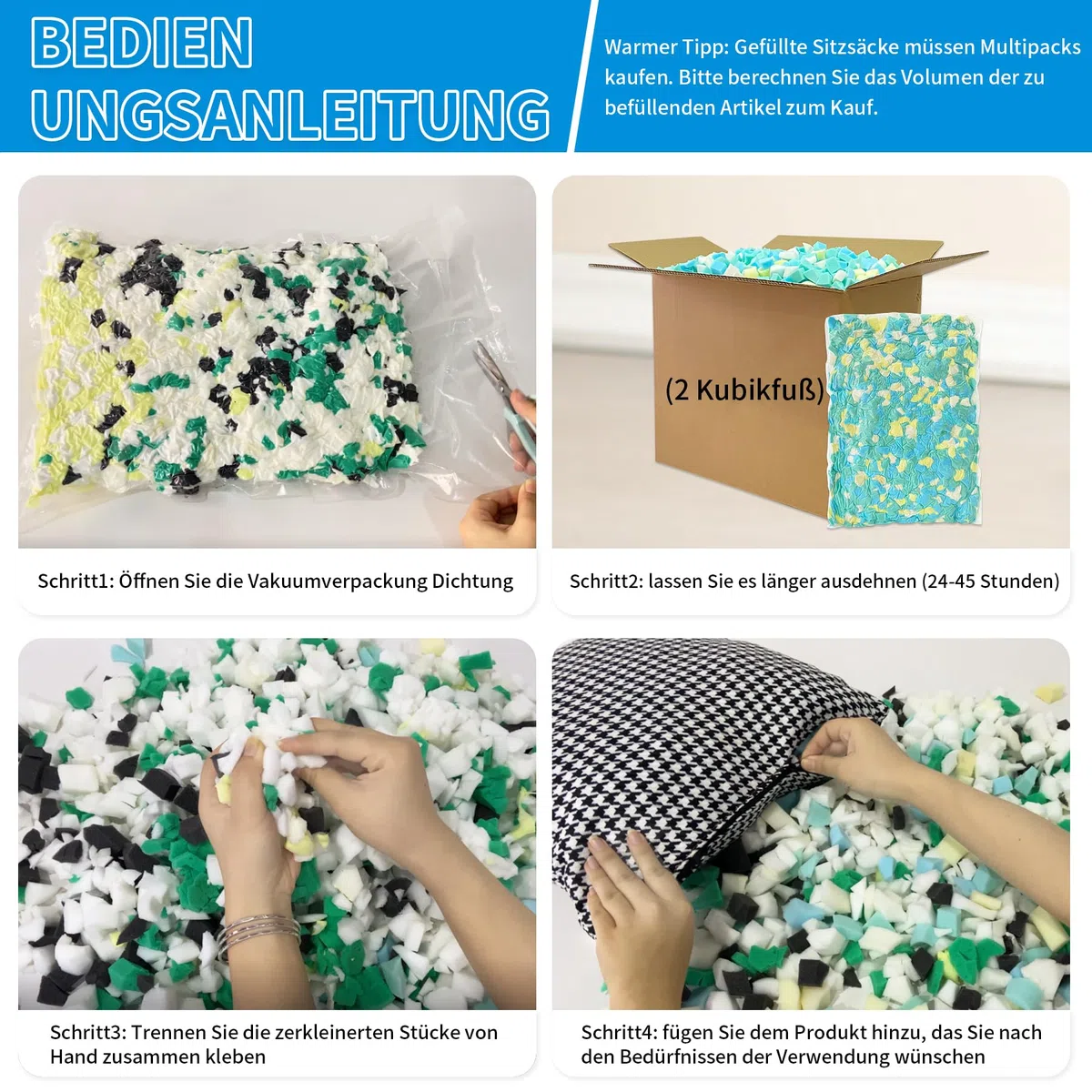 2.2KG Memory-Schaumstofffüllung für Sitzsackfüller, Kissen Stuhl Kissen Hundebett Nachfüllung, ohne zusätzliche Gel Partikel, Premium weich und großartig für Kissen Füllung, Multi Farbe und Form