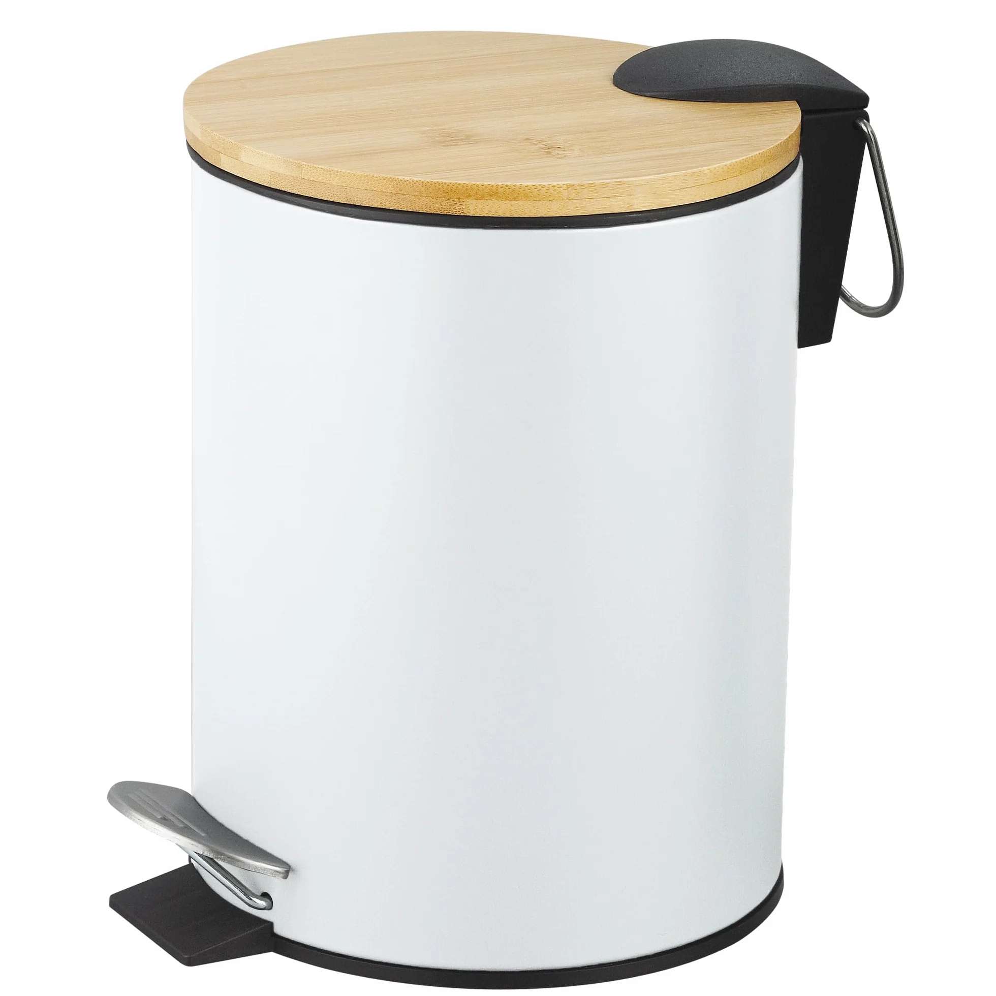 Amig - Kosmetikeimer mit Pedal 3L Naturline - Weiß und Bambus - Hygienische Öffnung - Ø16,8 x 23 cm - Lackierter Edelstahl - Runder Badeimer Mülleimer mit Deckel