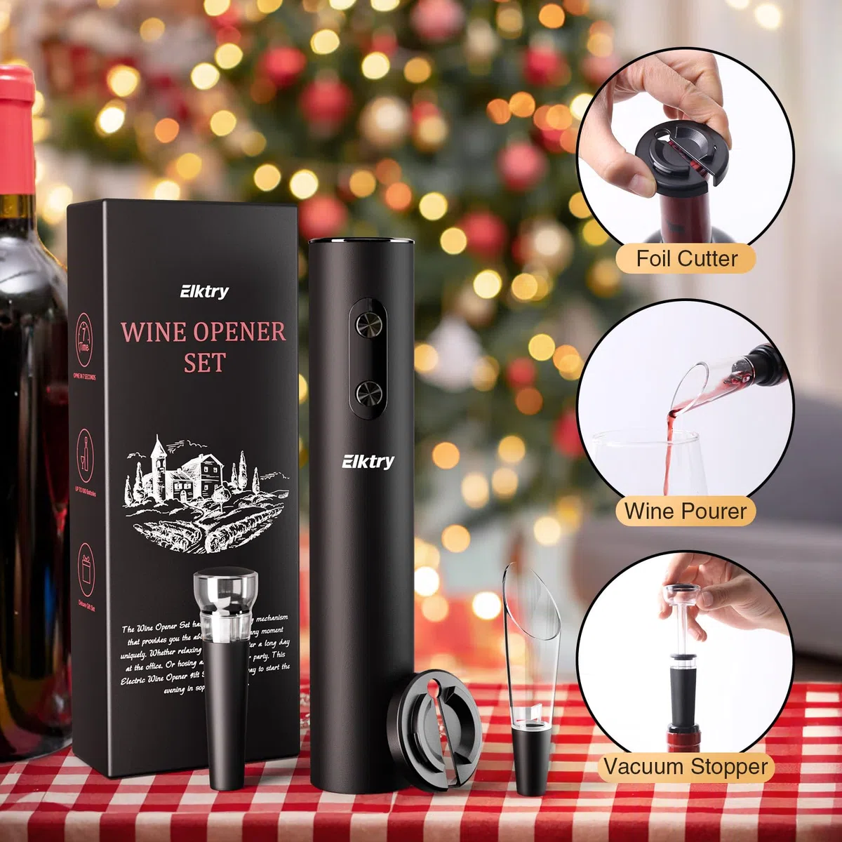 Elektrischer Korkenzieher, 4-in-1 Professioneller Weinöffner Set mit Folienschneider, Weinausgießer und Vakuumstopfen, Automatische Weinöffner für Feiertag, Party
