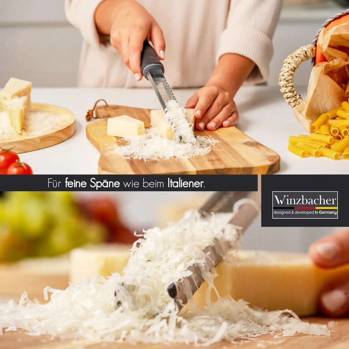 Winzbacher - Premium Zester Reibe I Parmesanreibe, Zitronenreibe, Muskatnuss Reibe, Ingwerreibe I rasiermesserscharfe Edelstahl Klinge I Spülmaschinenfest I inkl. Schutz & Reinigungsbürste
