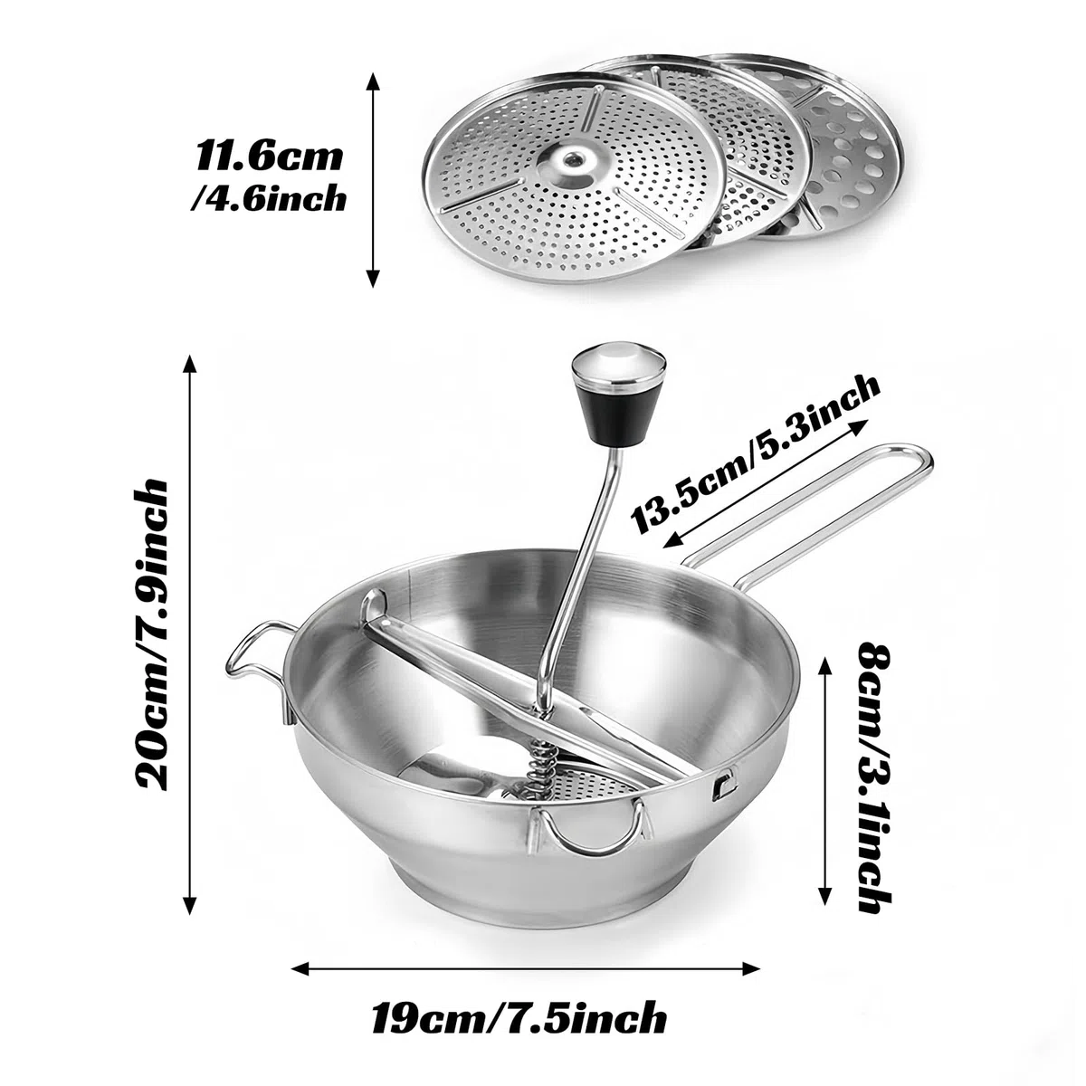 Gemüsemühle, manuell, Lebensmittelmühle aus Edelstahl mit 3 Siebenschichten, Kartoffelstampfer, Küchenmühle für Soße, Püree, Marmelade, Babynahrung