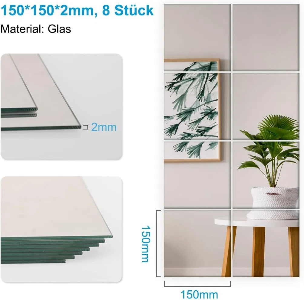 Heilmetz Glas Spiegelfliesen Selbstklebend 15x15 cm, 8 Stück Spiegel zum Kleben, HD DIY Klebespiegel für Wand Deko, Schrank, Badezimmer, Wohnzimmer, Schlafzimmer