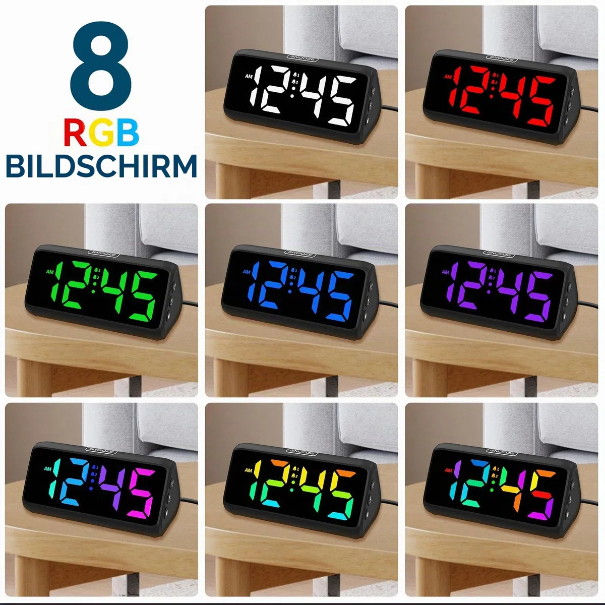 Lauter Wecker für Tiefschläfer, Digitalwecker mit Bunte Display, Doppelalarm, 5 Helligkeitsdimmer, 4 Lautstärken, Abschalt-Speicher, Wecker Nachttisch für Kinder Jugendliche Ältere Schwerschläfer