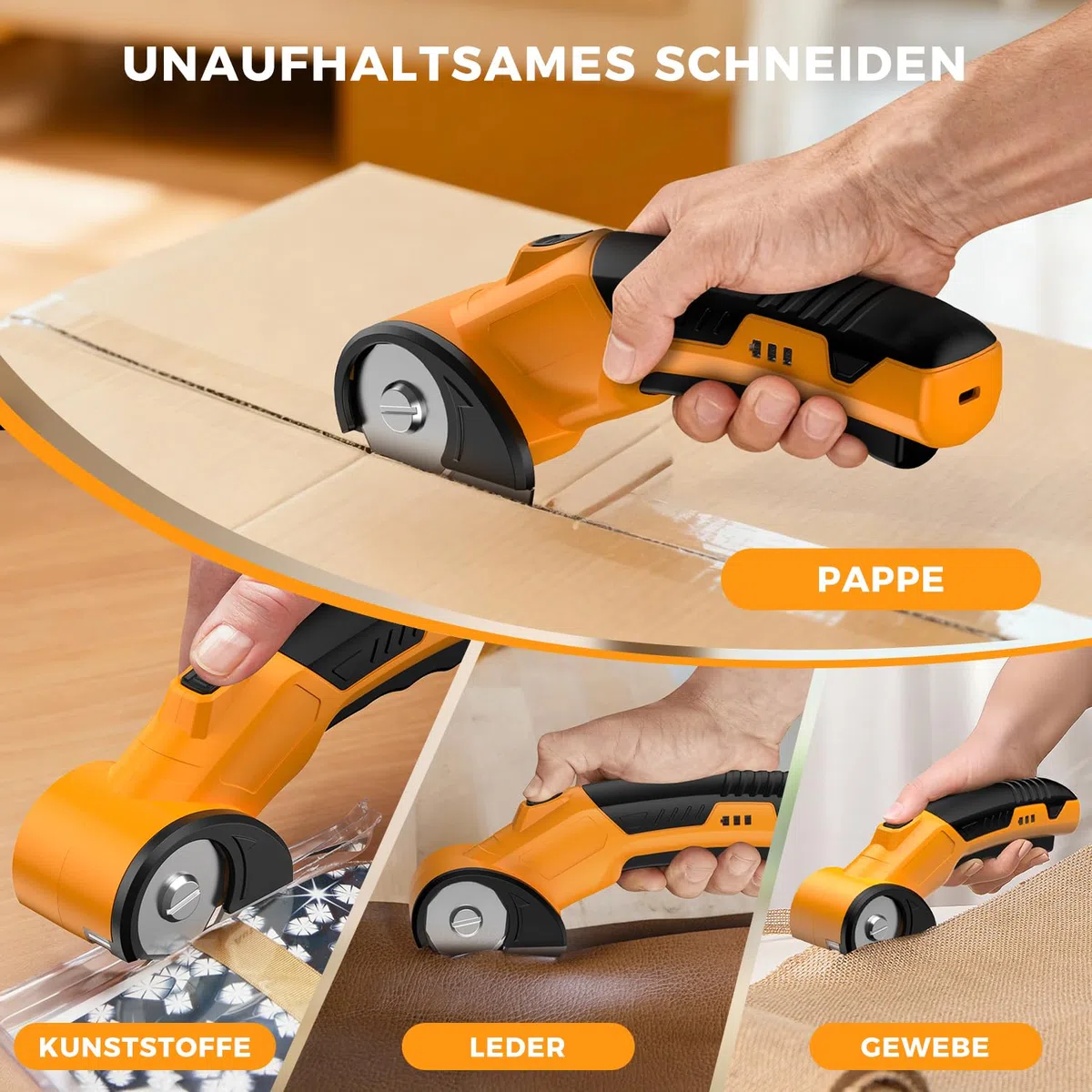 Kartonschneider 4V Elektrischer Schere Kabellose Rollschneider Universalschneider Wiederaufladbar Rotationsschneider Akkuschere für Papier, Pappe, Teppich, Leder, Filz, Kunststoff - mit Ersatzklinge