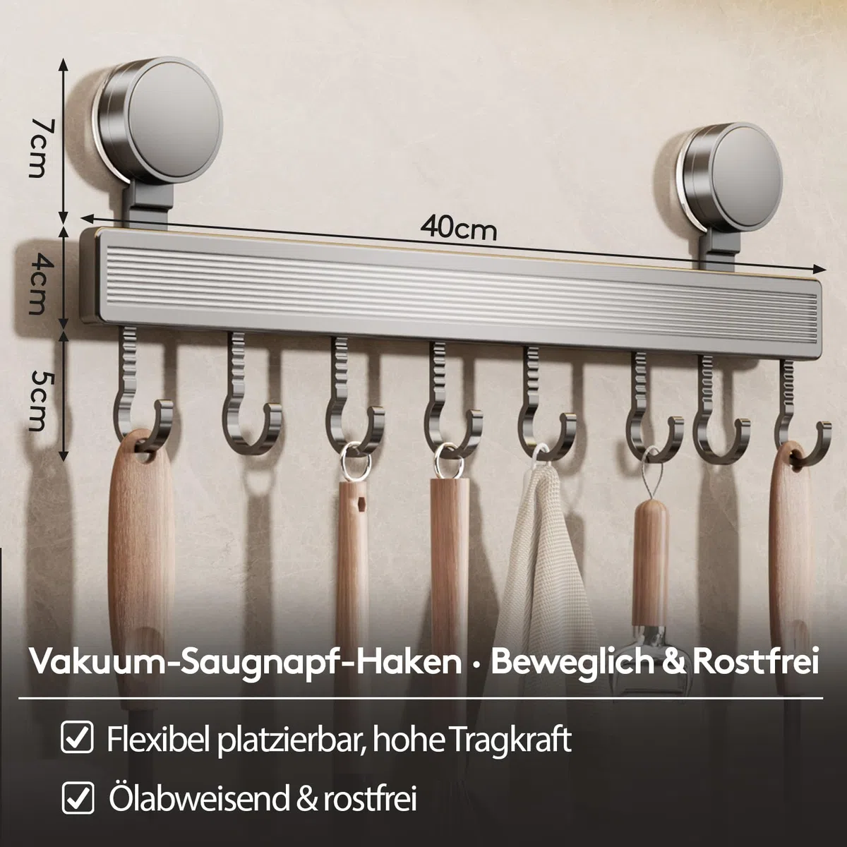 Hakenleiste Küche ohne Bohren mit Saugnapf | 8 Haken, 40 cm lang, 20 kg Tragfähigkeit, 1-Minuten-Installation | Abnehmbare rostfreie hakenleiste für Küchenutensilien