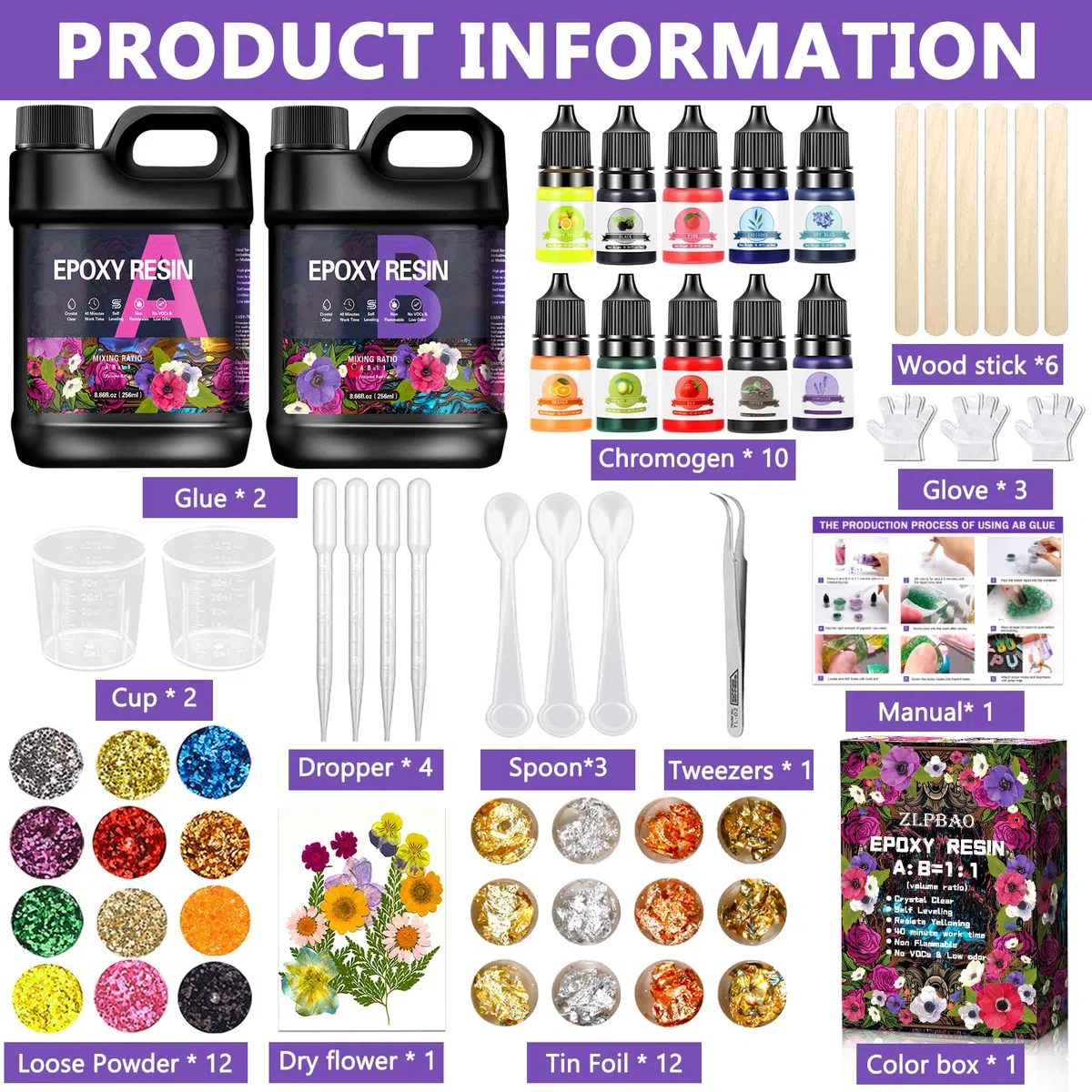 ZLPBAO Epoxidharz Set Anfänger 582ml epoxidharz glasklar gießharz - 1: 1 Verhältnis mit Epoxidharz Farbe, Glitzer, holzstäbchen, Handschuhe