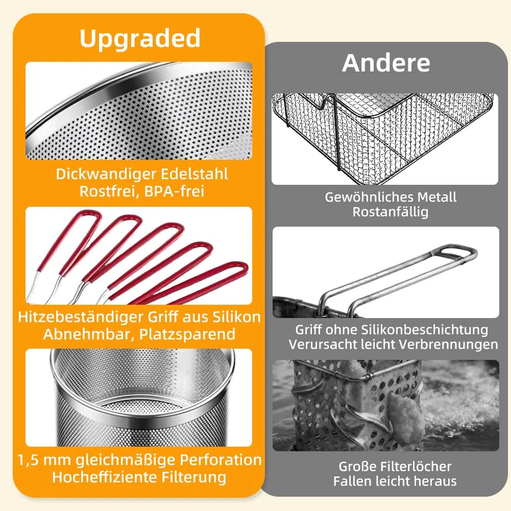 2er-Set Edelstahl Frittierkorb (18+20cm) mit abnehmbarem Griff – Vielseitig als Nudelsieb, Frittiersieb & Siebkorb für Pommes, Gemüse und Nudeln, platzsparend