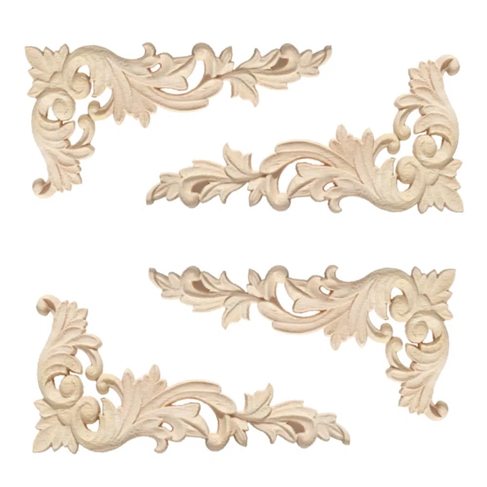 Holzornamente für Möbel - 4 Stück Geschnitzt Corner Ornament Holzschnitzerei Applikation Möbel Appliques Ecke Onlay, 20 x 10 cm