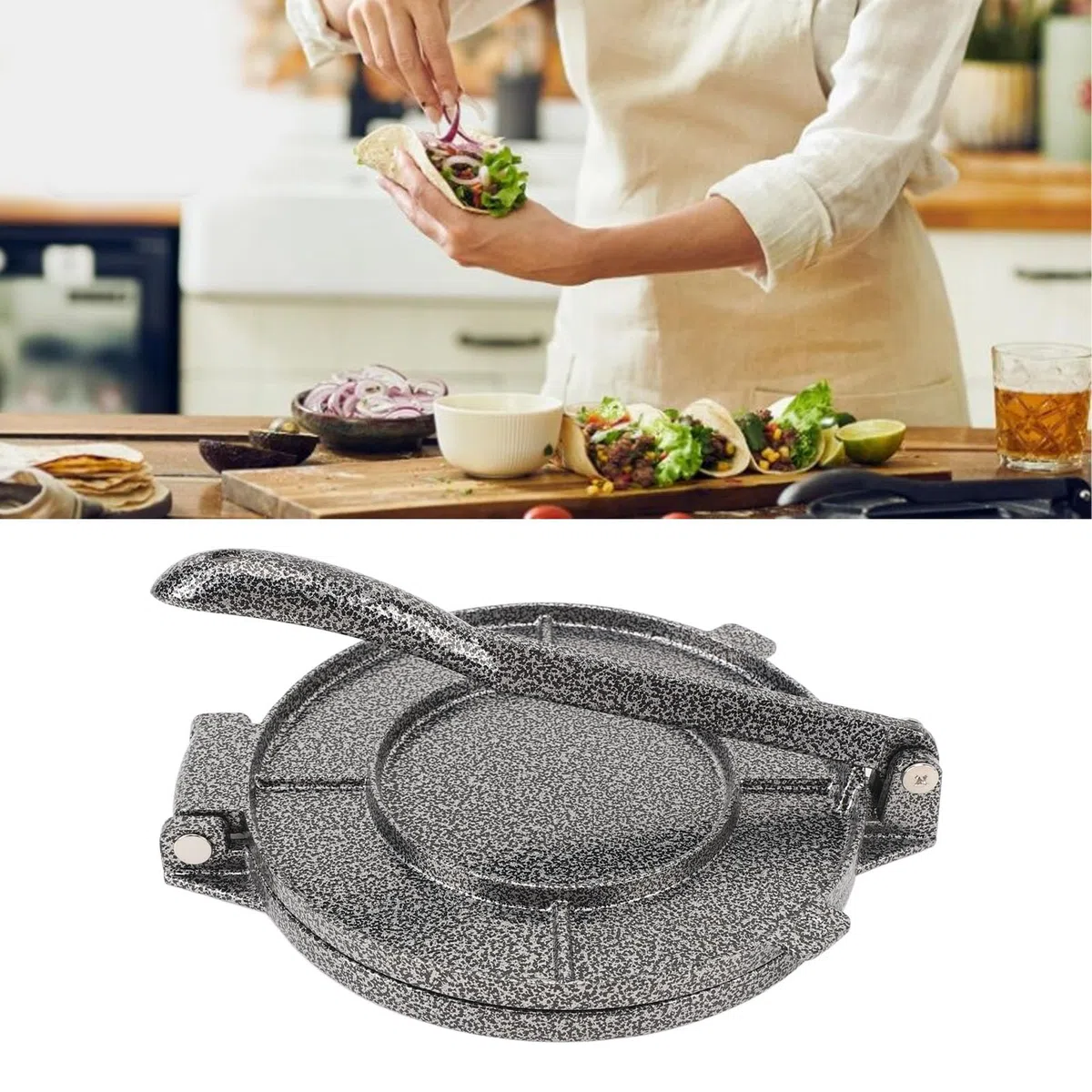 Fockety Tortillapresse, 6,3 Zoll Aluminiumlegierung Tortilla-Hersteller Mehl-Tortilla-Presser Roti Maker Taco-Presse mit Klappbarem Griff, Teigpresse für das Frühstück zu Hause