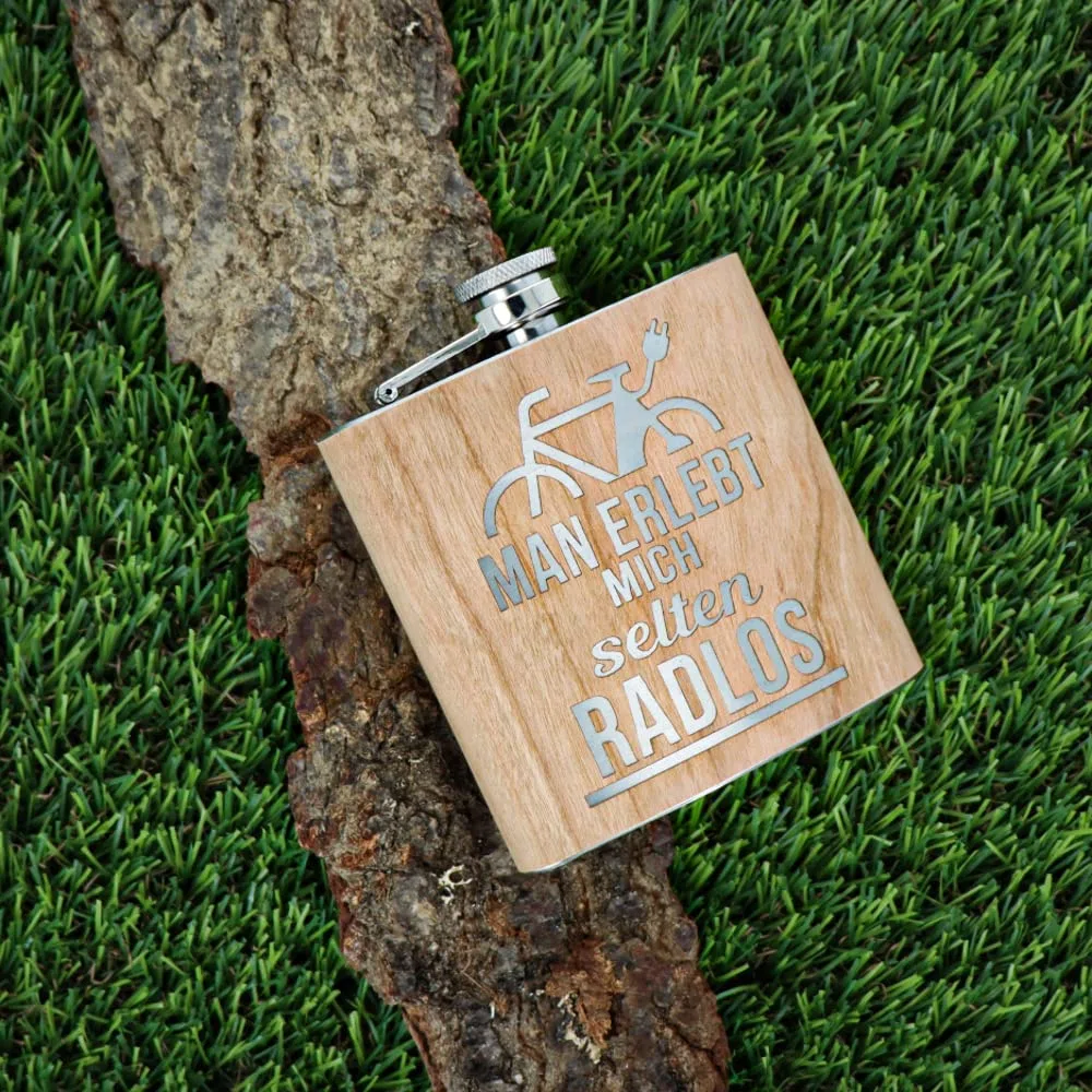 Spruchreif | Gravierter Edelstahl Flachmann | Holz Flachmann mit Gravur Fahrrad | Alkohol Flachmann | Outdoor Geschenk | Geschenk E-Bike | Geschenk für Radfahrer und Mountainbiker | E-Bike Geschenk