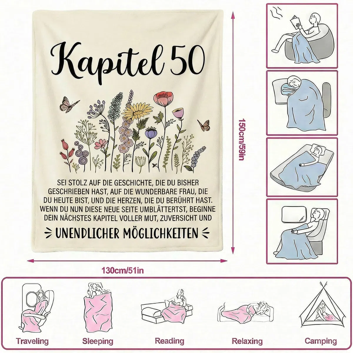 Geschenke zum 50. Geburtstag für Frauen, Flanell-Wohndecke 130 x 150cm, Geschenk für eine 50-jährige Frau, Geschenk für Sie aus dem Jahr 1976, Geburtstagsgeschenke für Damen, Mama, Oma, Ehefrau