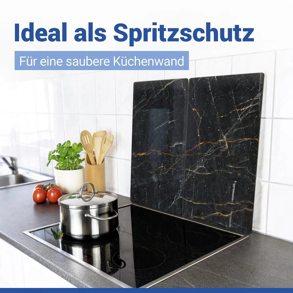 Allstar Herdabdeckplatte aus Glas, 2er Set, für Glaskeramik- und Induktionskochfelder, Herdabdeckung, Glasschneidebrett & Spritzschutz für die Küchenwand, 30 x 52 cm, Mod. Marmor schwarz