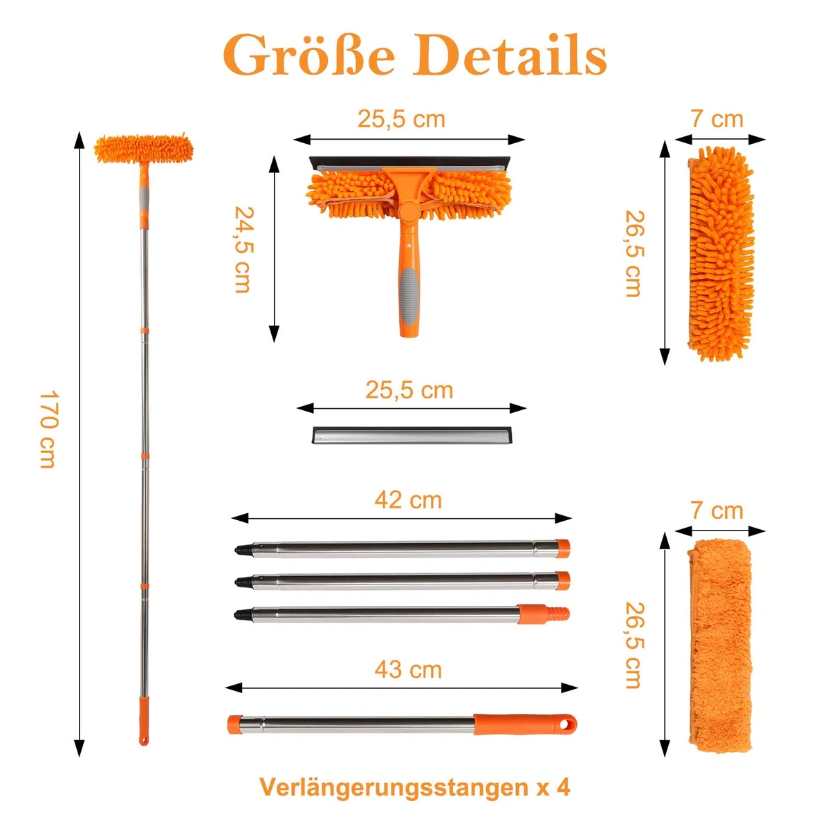Terafeels 170cm Teleskop Fensterwischer Abzieher Set, 2 in 1 Teleskopstange Fensterreinigung ür Innen und Außen Hohe Fenster Autoglas (Orange)