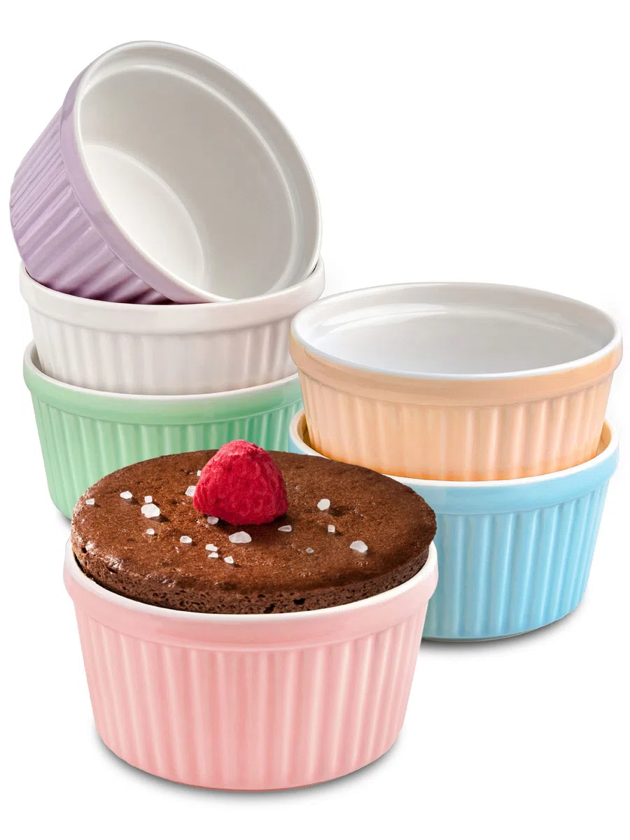 Praknu 6 Souffle Förmchen aus Keramik - Backofenfest - 200 ml - 9 cm - Stapelbar - Mit Antihaftbeschichtung