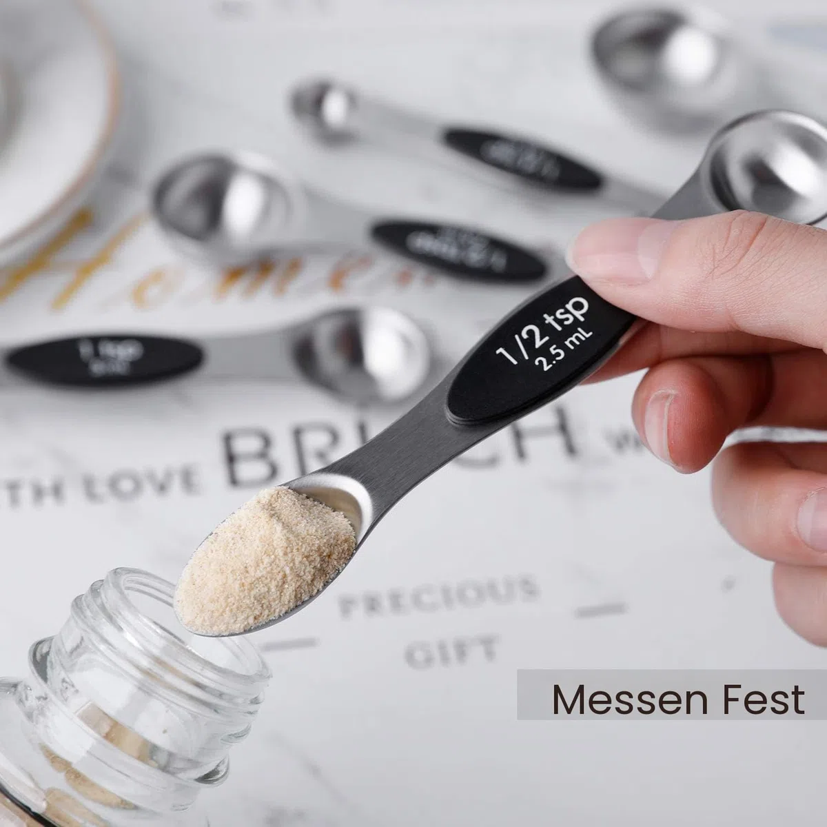 Magnetisches Messlöffel-Set aus Edelstahl, doppelseitiges Messlöffel-Set, ineinandergreifende Teelöffel, Esslöffel zum Abmessen von trockenen und flüssigen Zutaten, 8-teilig