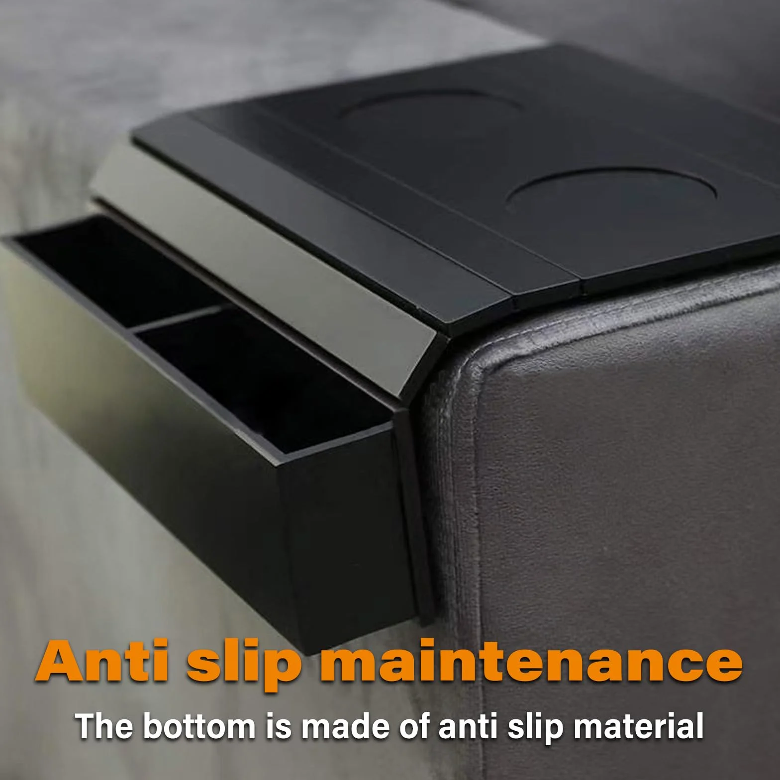 Sofatablett Armlehne aus Bambus, Rutschfestes Couch Tablett für Sofa Armlehne, Sofalehnen Ablage mit Getränkehalter, Faltbare Sofa Ablage für Snacks, Handy & Fernbedienung Schwarz