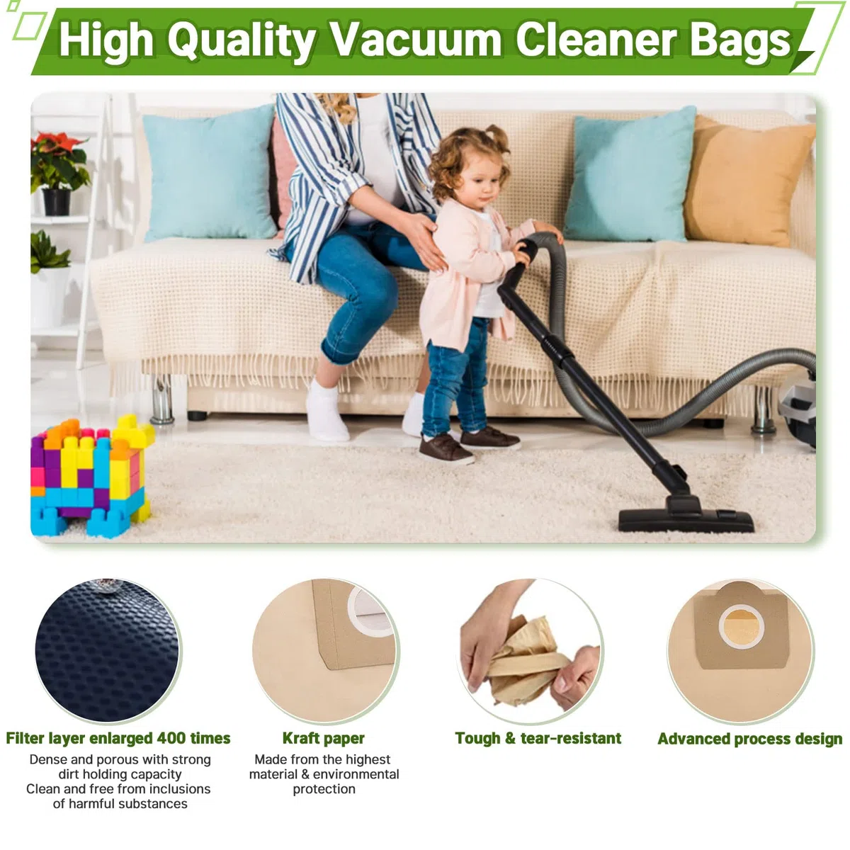 Rebirthcare 15 Stück WD3 Staubsaugerbeutel für Karcher 6.959-130.0 Papier Filtertüten Beutel 1629 MV3 A2201/2204/2504/2554/2251/2604 Filterbeutel Staubsaugertüten Staubbeutel Paperbags
