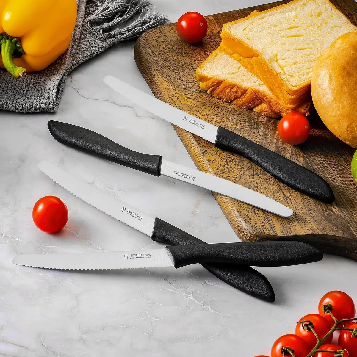 Frühstücksmesser 12-teilig,Brötchenmesser mit Wellenschliff, Brotzeitmesser,Tomatenmesser,Buttermesser,Scharfes tafelmesser wellenschliff,Spezialklingenstahl,Spülmaschinenfest,schwarz