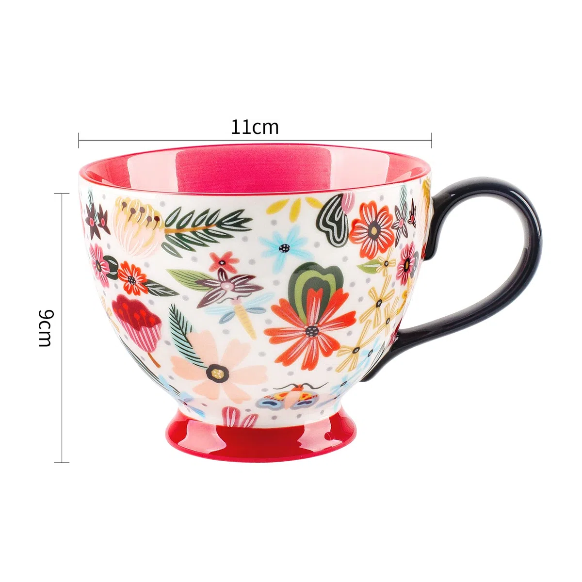 Berry President Handbemalte Keramiktassen mit Blumenmuster, 15 OZ, große Tassen für Milch, Kaffee, Cappuccino, Tee, Kakao, Frühstücks-Haferflockentassen (Bunte Blume rot)