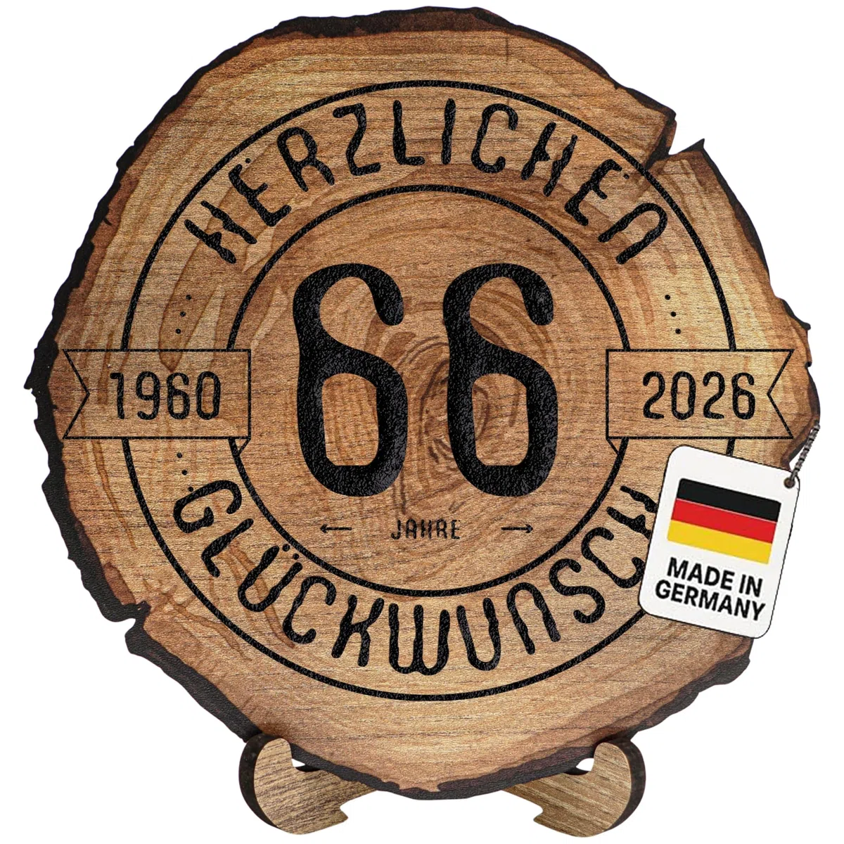 DARO Design – Baumscheibe mit Gravur für 66. Geburtstag – Geburtstags Geschenk aus Holz – Hochwertige Holz Geschenke mit Gravur ideal für Geburtstag – Dicke 6mm, Durchmesser 20cm – Made in Germany