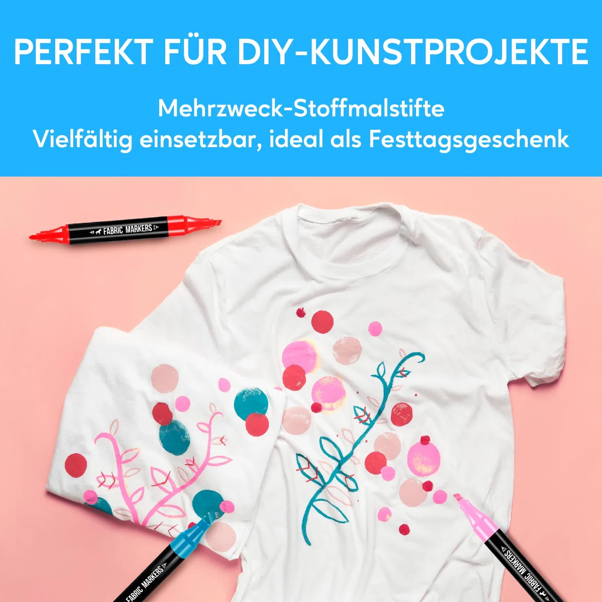 Pamaker 40 Textilstifte Dual Tip – Waschmaschinenfest und Permanent für T-Shirts, Stofftaschen, Schuhe und mehr – Ungiftig, ideal für Kinder und Erwachsene