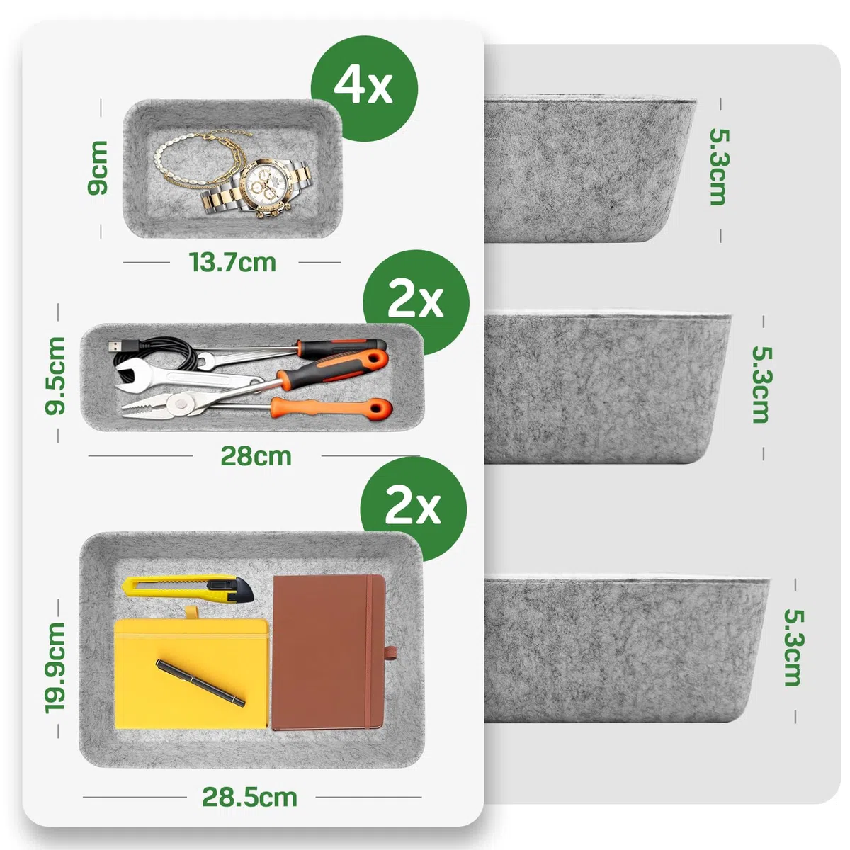 Captainfive 8 Stück Schubladen Organizer, Stapelbare Filz-Aufbewahrungsboxen, Schubladen Ordnungssystem für Schreibtisch, Schminktisch, Nachttisch, Schrank, Passend für IKEA (Hellgrau)