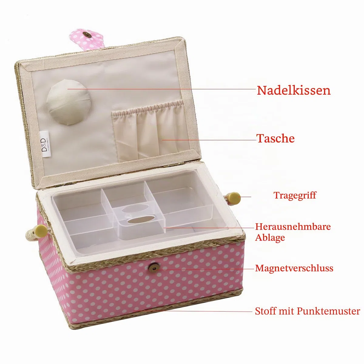 D & D Nähset-Korb für zu Hause, für Aufbewahrung und Organisation, tragbar, für Nadeln, Garn usw., Nähkorb mit Zubehör M rose