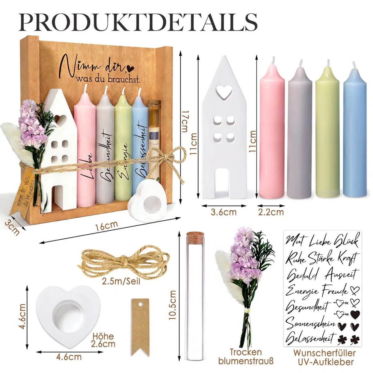 Nimm dir was du brauchst Kerzen Geschenkset für Frauen Freundin Geschenke mit Kerzenständer, Kerze mit Spruch Geschenk, Kerzenhalter Holzkiste, Geldgeschenke mit Kerzen Deko