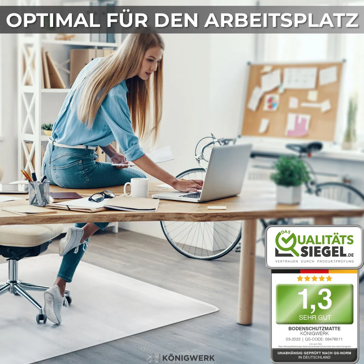 Königwerk Bodenschutzmatte Bürostuhl versch. Größen - Bürostuhl Unterlage rutschfest in milchweiß - Made in Germany - 90 x 120 cm