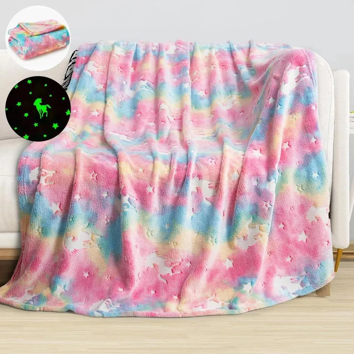 Flauschige Kinderdecke, Kuscheldecke mit leuchtenden Motiven wie Einhorn, Dino, Weltraum und Gaming - Weiche Fleecedecke für Mädchen und Jungen, (Rosa Einhorn, 150X130)