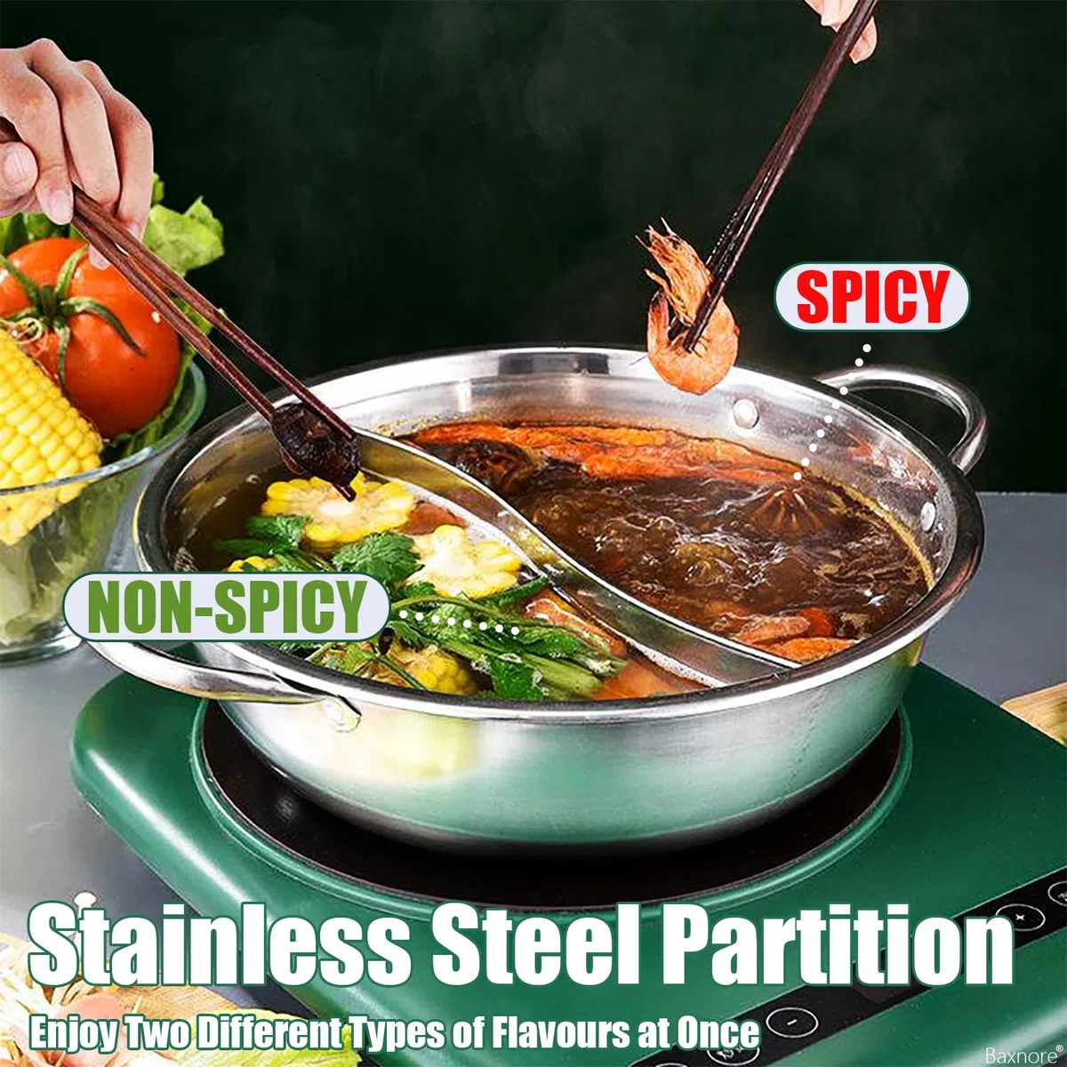 Dual-Flavor Stainless Steel Chinese Hot Pot, Heat-Proof Handle, Easy to Clean, ichuan Doppelter Feuertopf für Induktions, Gas, Elektroherd & Ceranfeld