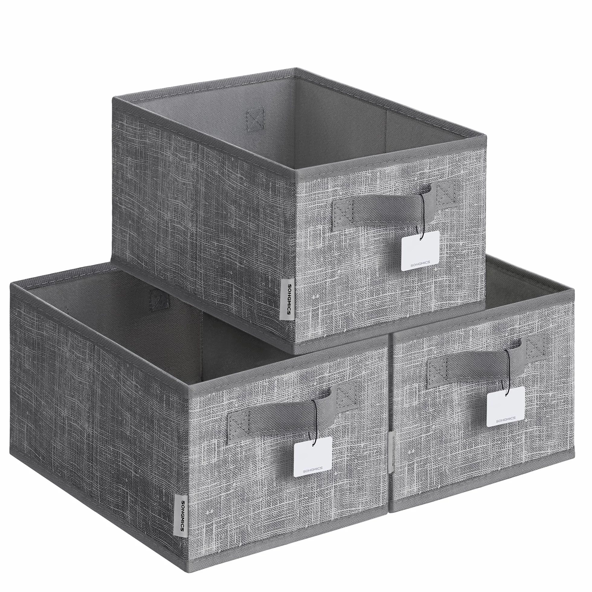 SONGMICS Aufbewahrungsbox 3er Set, zusammenklappbar, Stoffboxen aufbewahren, 30 x 20 x 15 cm, für Kleiderschrank, 2 Griffe, Etikette, für Schlafzimmer Wohnzimmer, schilfgrau ROB415G01