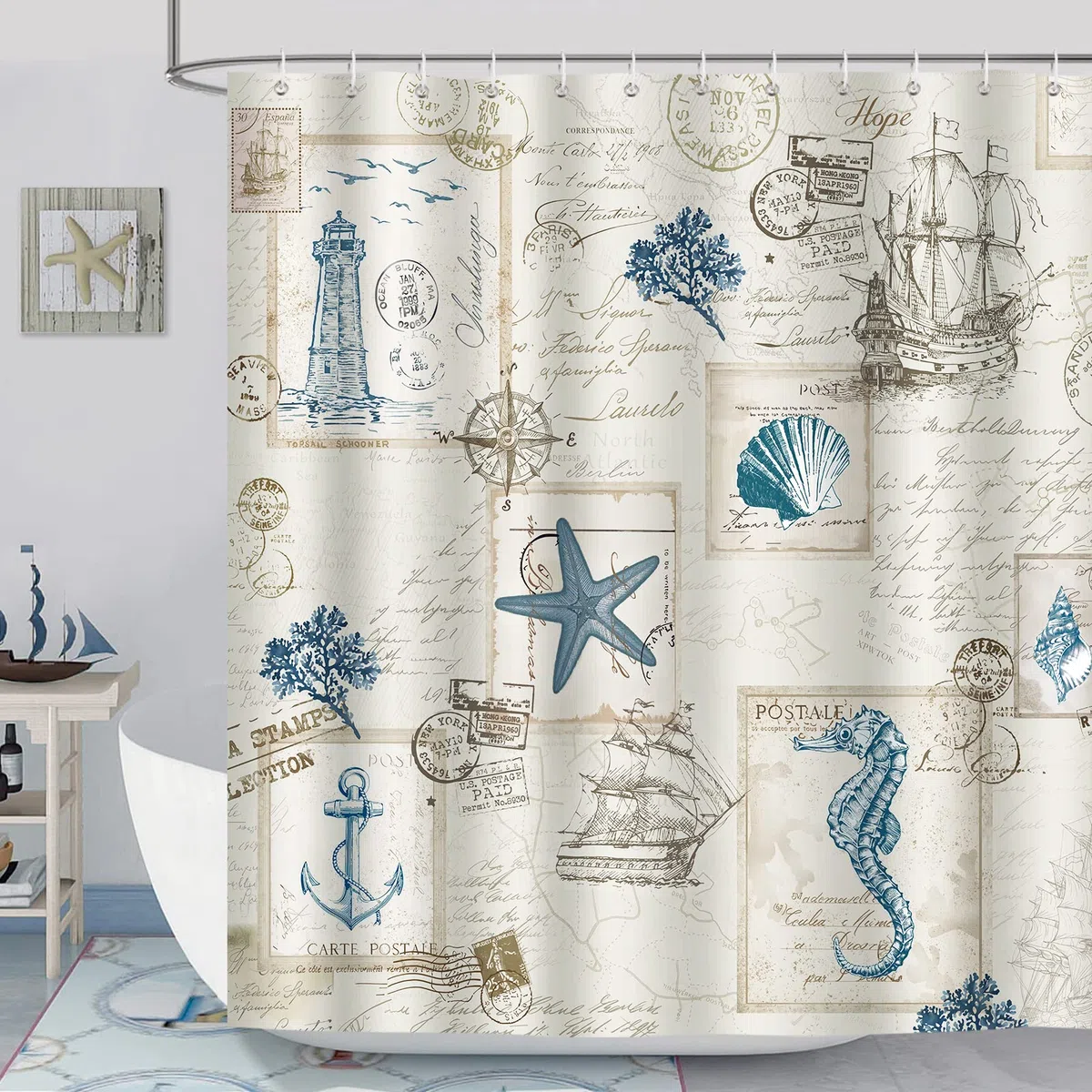 Bonhause Duschvorhang Maritim Nautisch Anker Leuchtturm Segelboot Duschvorhänge 180 x 180 cm Anti-Schimmel Wasserdicht Polyester Stoff Waschbar Bad Vorhäng für Badzimmer mit 12 Haken