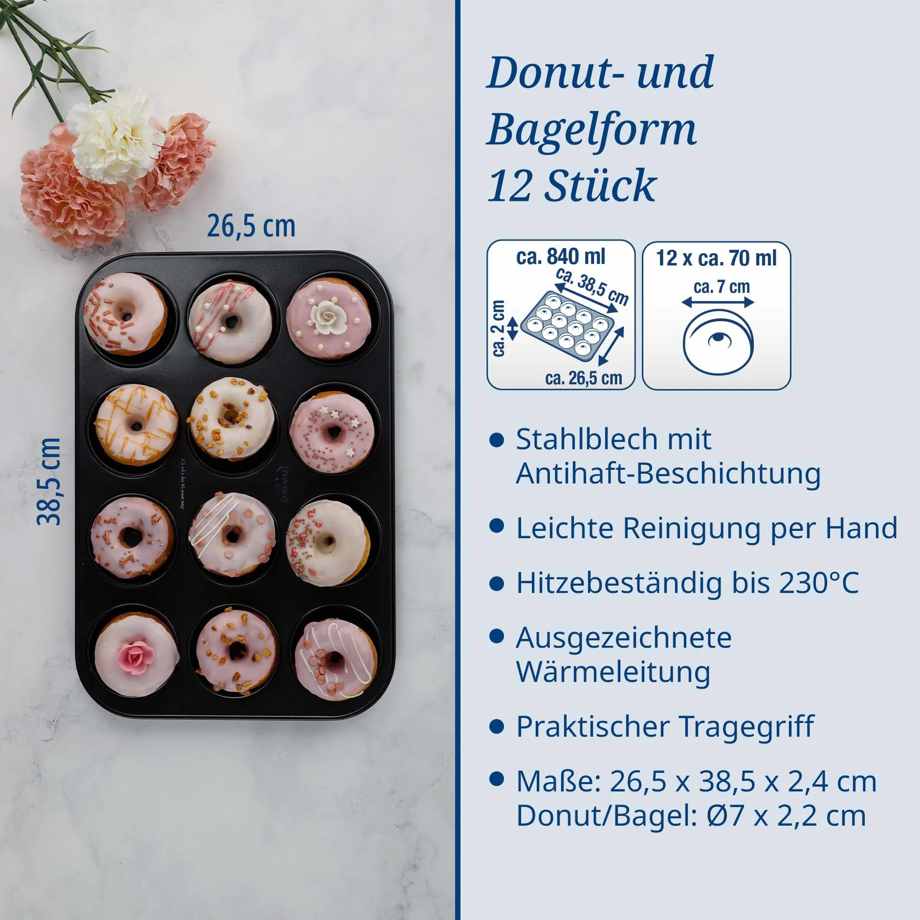 Dr. Oetker 12er Donutbackform TRADITION, Donutform mit Antihaftbeschichtung, hochwertige Backform mit ausgezeichneter Wärmeleitung, Form für gleichmäßig geformte Donuts (Farbe: Schwarz)
