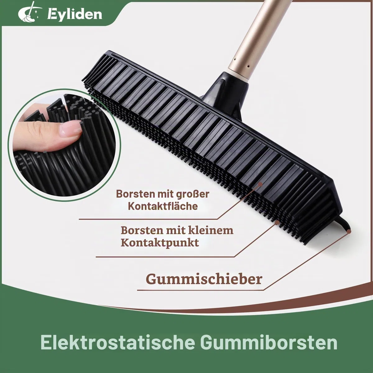 Eyliden Gummibesen mit Stiel, 2-in-1 Bodenbürste mit Bodenabzieher & Teleskopstiel (137cm) - Ideal für Teppiche Tierhaare und Hartböden, Besen für alle Böden - drinnen & draußen