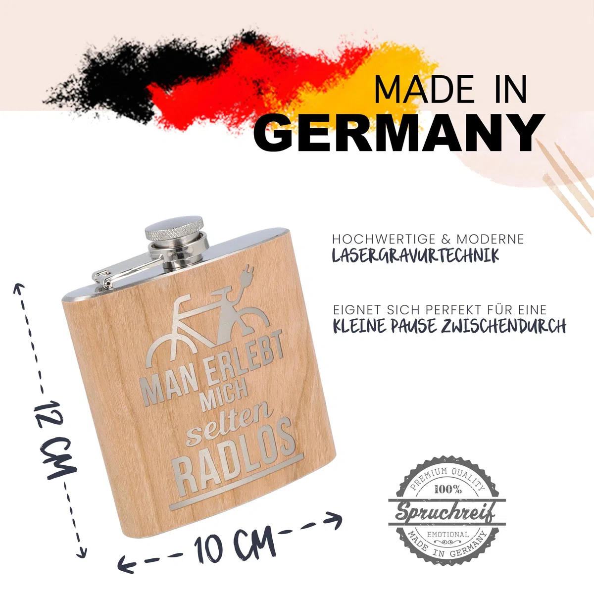 Spruchreif | Gravierter Edelstahl Flachmann | Holz Flachmann mit Gravur Fahrrad | Alkohol Flachmann | Outdoor Geschenk | Geschenk E-Bike | Geschenk für Radfahrer und Mountainbiker | E-Bike Geschenk